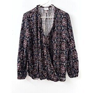 Knox Rose Women's Black Multicolor‎ Printed Long Sleeve Wrap Top Casual Size XL